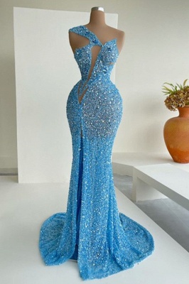 Sky Blue One shoulder Mermaid Sequin Prom Dresses_1