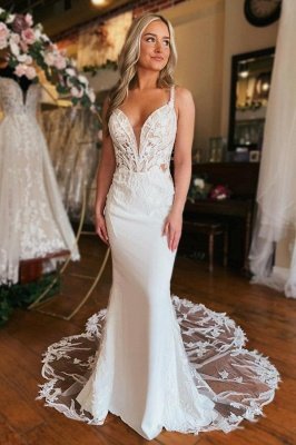 Straps V-neck White Lace Mermaid Wedding Dresses