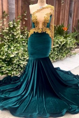 One Shoulder Dark Green Velvet Mermaid Prom Dresses Gold Crystals Evening Gown