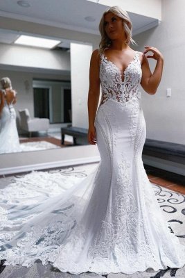Lace Straps Mermaid White Floor length Wedding Dresses