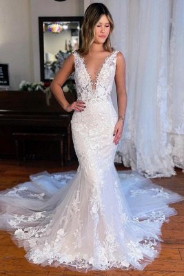V-neck Strapless Lace Mermaid White Wedding Dresses