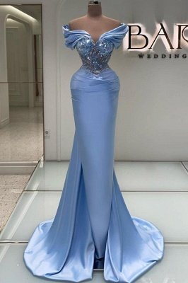 Cap sleeves Mermaid Blue Satin Prom Dresses