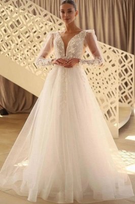 Weiße Brautkleider aus Tüll mit langen Ärmeln und V-Ausschnitt