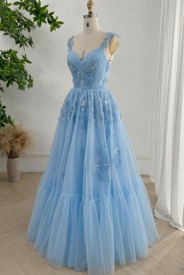 Straps Blue Tulle Long A-line Prom Dresses