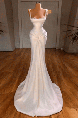 Straps White Square neck Mermaid White Satin Prom Dresses