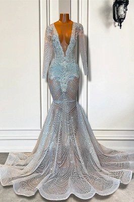 Deep V-neck Long sleeves Mermaid Sequin Prom Dresses
