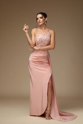 Pink Strapless Column High Split Prom Dresses