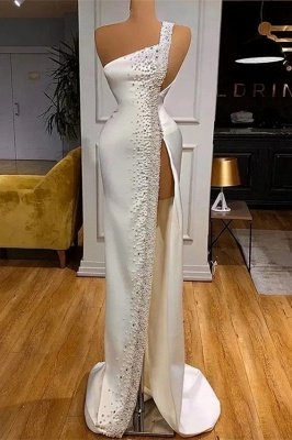 One shoulder White Satin High Split Prom Dresses