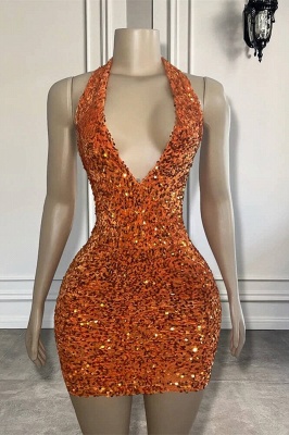 Оранжевый Холтер Оранжевые короткие платья для выпускного с пайетками