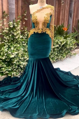 Dark green Gold Appliques Velvet Mermaid Prom Dresses