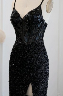 Sexy cintas de espaguete lantejoulas sereia vestidos de noite de baile preto longo vestidos de festa com fenda lateral_7
