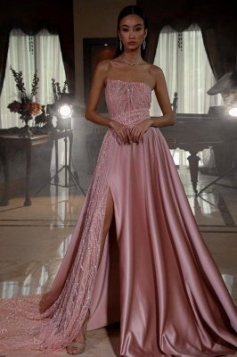 Strapless Pink A-line Satin Ball Gown Prom Dresses