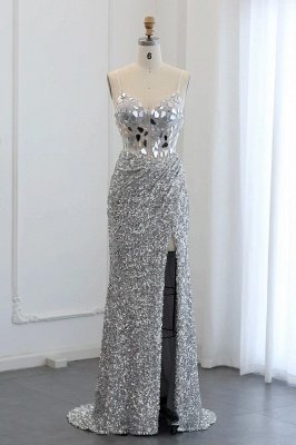 Sexy Spaghetti Straps Sequin Mermaid Prom Evening Dresses Black Long Party Gowns with Side Slit