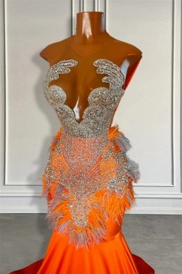 Orange Keyhole Mermaid Satin Silver Beaded Prom Dresses_2