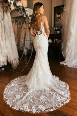 Элегантные белые кружевные свадебные платья с v-образным вырезом и русалкой_3