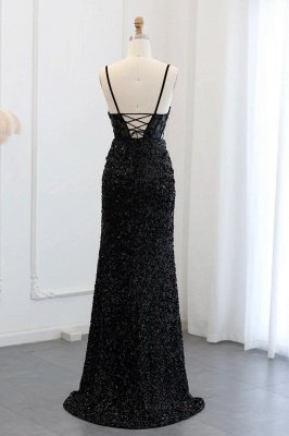 Sexy cintas de espaguete lantejoulas sereia vestidos de noite de baile preto longo vestidos de festa com fenda lateral_6