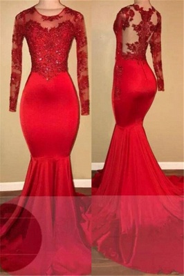 Long sleeves Lace Round neck Mermaid satin Prom Dresses