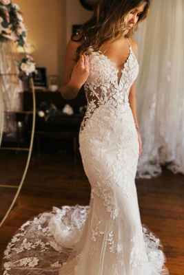 Weiße elegante Brautkleider im Meerjungfrau-Stil mit V-Ausschnitt und Spitze