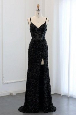 Sexy cintas de espaguete lantejoulas sereia vestidos de noite de baile preto longo vestidos de festa com fenda lateral_2