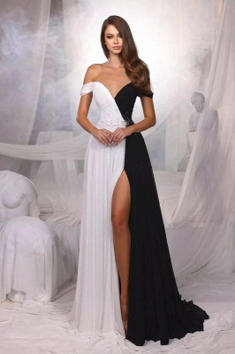 Sexy V-Neck Off-The-Shoulder Floor-Length A-Line Chiffon Prom Dresses with Slit_1