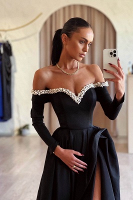 Long sleeves Pearls A-line Princess Velvet Black Prom Dresses_2