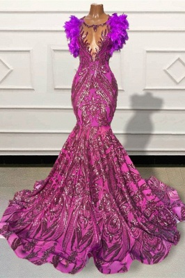Cap sleeves Feathers Mermaid Fit and Flare Prom Dresses_1
