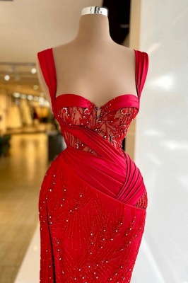 Trendy Floor-Length Sweetheart Sleeveless Split Front Mermaid Satin Lace Prom Dresses with Beads_2