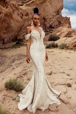 Stunning V-Neck Off-The-Shoulder Mermaid Tulle Wedding Dresses_2