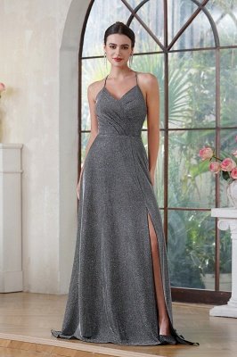 Sexy Halter Glitter Side Split Party Dress V-neck Long Prom Dress with Pocket
