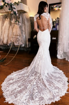 Long sleeves V-neck White Lace Wedding Dresses_2