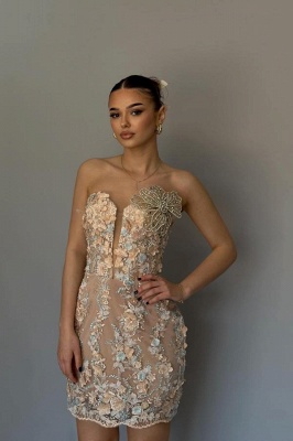Sexy Short Strapless V-Neck Lace Mermaid Prom Dresses with Flowers_2