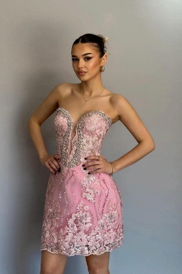Deluxe Short V-Neck Strapless Sheath Lace Prom Dresses with Rhinetones_2