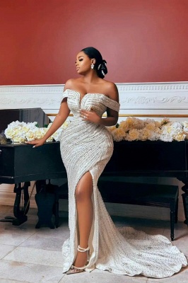 Beautiful Off-The-Shoulder Sequined Mermaid Wedding Dresses with slit_2