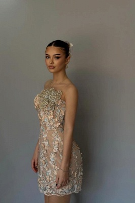 Sexy Short Strapless V-Neck Lace Mermaid Prom Dresses with Flowers_3