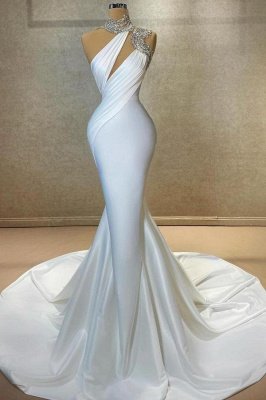 Deluxe White High Neck Sleeveless Mermaid Satin Prom Dresses with Train