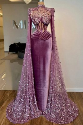 Fabulous High Neck Mermaid Velvet Floor-Length Prom Dresses with Watteau Train