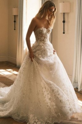 Sweetheart Tulle Lace Wedding Dresses A-line Sleeveless Bridal Dress with Appliques