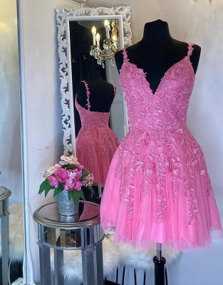 Elegant Aline Tulle Lace Short Formal Dress V-Neck Party Dress Appliques with Straps