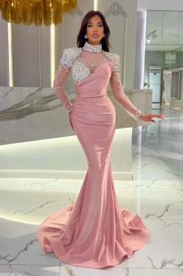 High Neck Long Sleeves Ruched Satin Mermaid Prom Dress with Sparkly Sequins