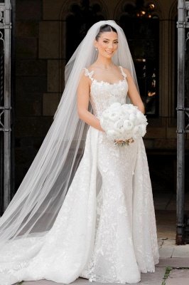 Wunderschönes, weißes Meerjungfrau-Brautkleid mit Blumenspitze und Trägern im Sweetheat-Stil