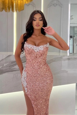 Sexy Strapless Glitter Sequins Side Split Prom Dress with White Appliques