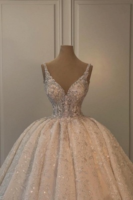 Ivory V-neck Lace Luxury Ball Gown Wedding Dresses_2