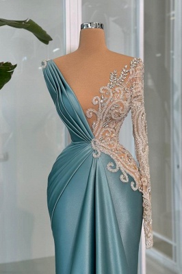 Robe de bal sirène en satin bleu à une épaule et longueur au sol_2