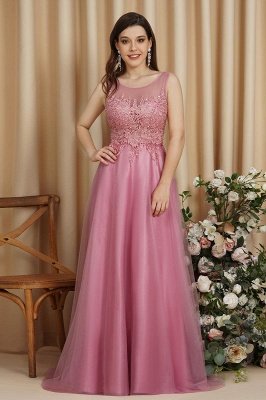 Robe de soirée Aline en tulle à col rond sans manches avec appliques en dentelle longue robe de demoiselle d'honneur