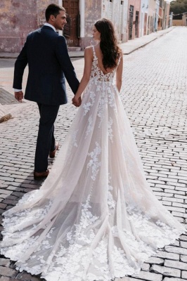 Robe de mariée simple en dentelle à col en V et coupe A-line_3