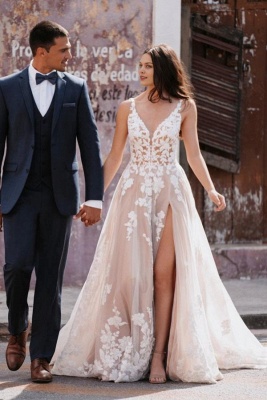 Robe de mariée simple en dentelle à col en V et coupe A-line_2