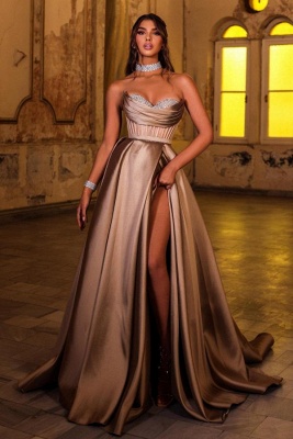 Sweetheart Shiny Satin A-line Pleasts Prom Dresses