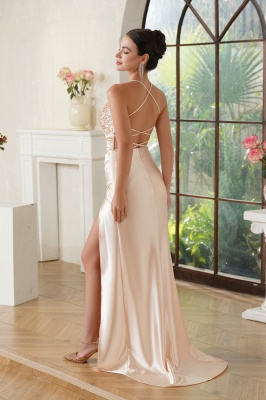 Straps V-neck Satin Simple High Split Prom Dresses_2