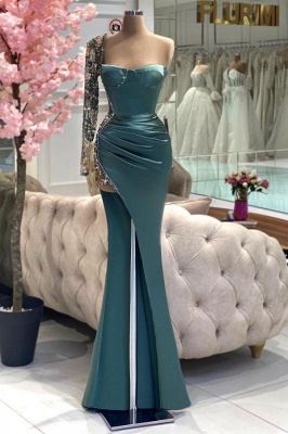 Ein-Schulter-Langarm-Ballkleid mit hohem Schlitz in Blau_1