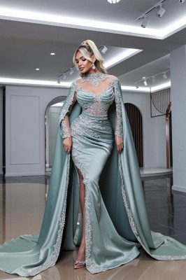 Dusty Sage Satin Long sleeves Lace Mermaid Prom Dresses